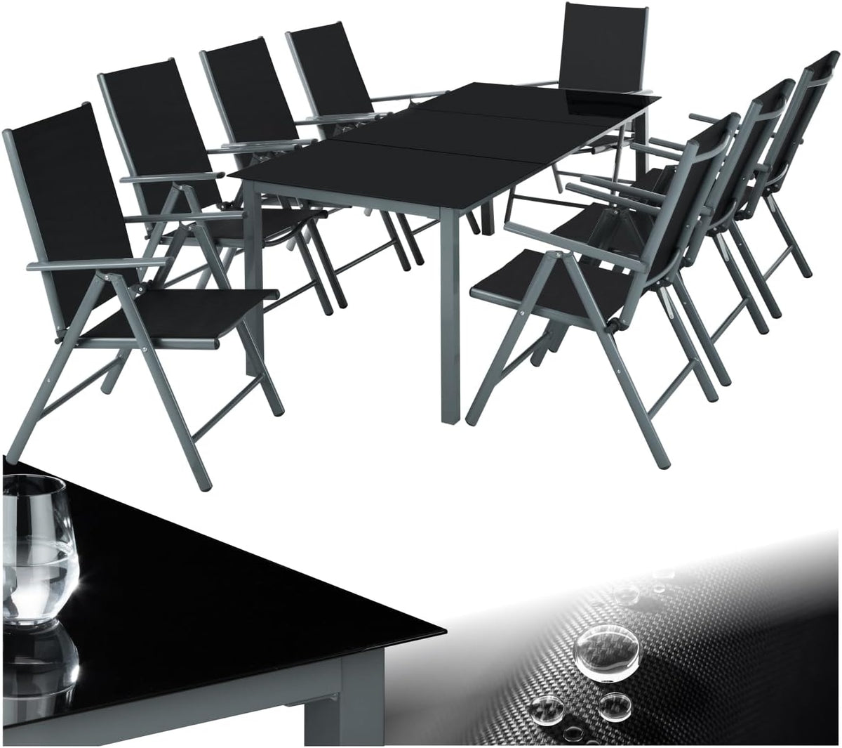 tectake Ensemble salle à manger, pliable, verre, 8 niveaux, Salon de Jardin Extérieur en Aluminium, 8 Fauteuils Inclinables Pliables, 1 Table