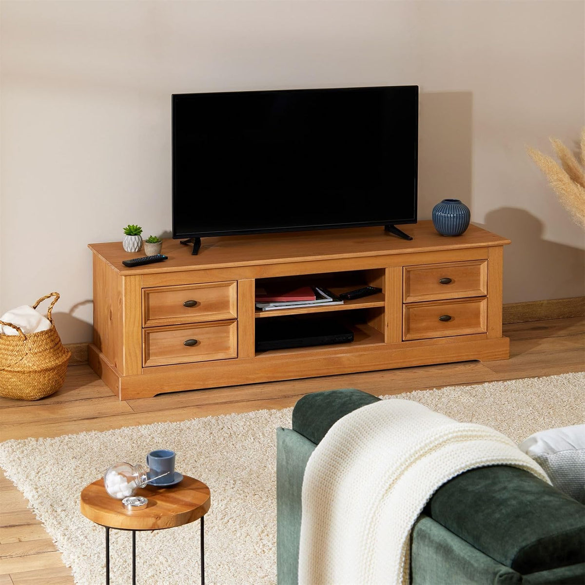 Meuble TV, 144 × 46 × 45 cm, télécommande, IDIMEX, 30 × 12 × 32 cm, 13, 5 cm, 40 cm, avec 4 tiroirs et 2 niches, réglable