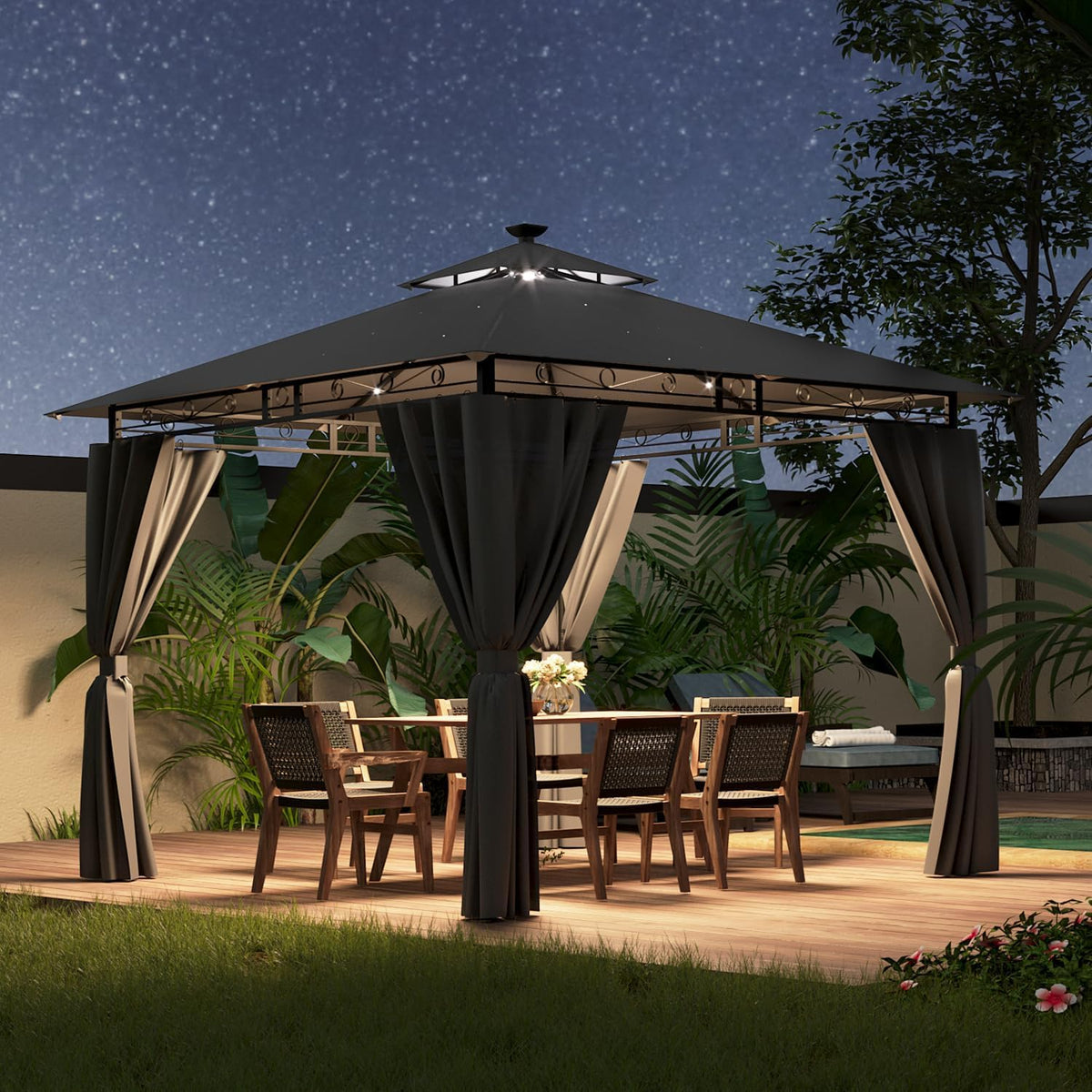 Tonnelle, Pergola Jardins Exterieur pour 4-6 Personnes, 37 mm, télécommande, Devoko, 5 niveaux, 3 × 3m, 285cm, éclairage LED, réglable
