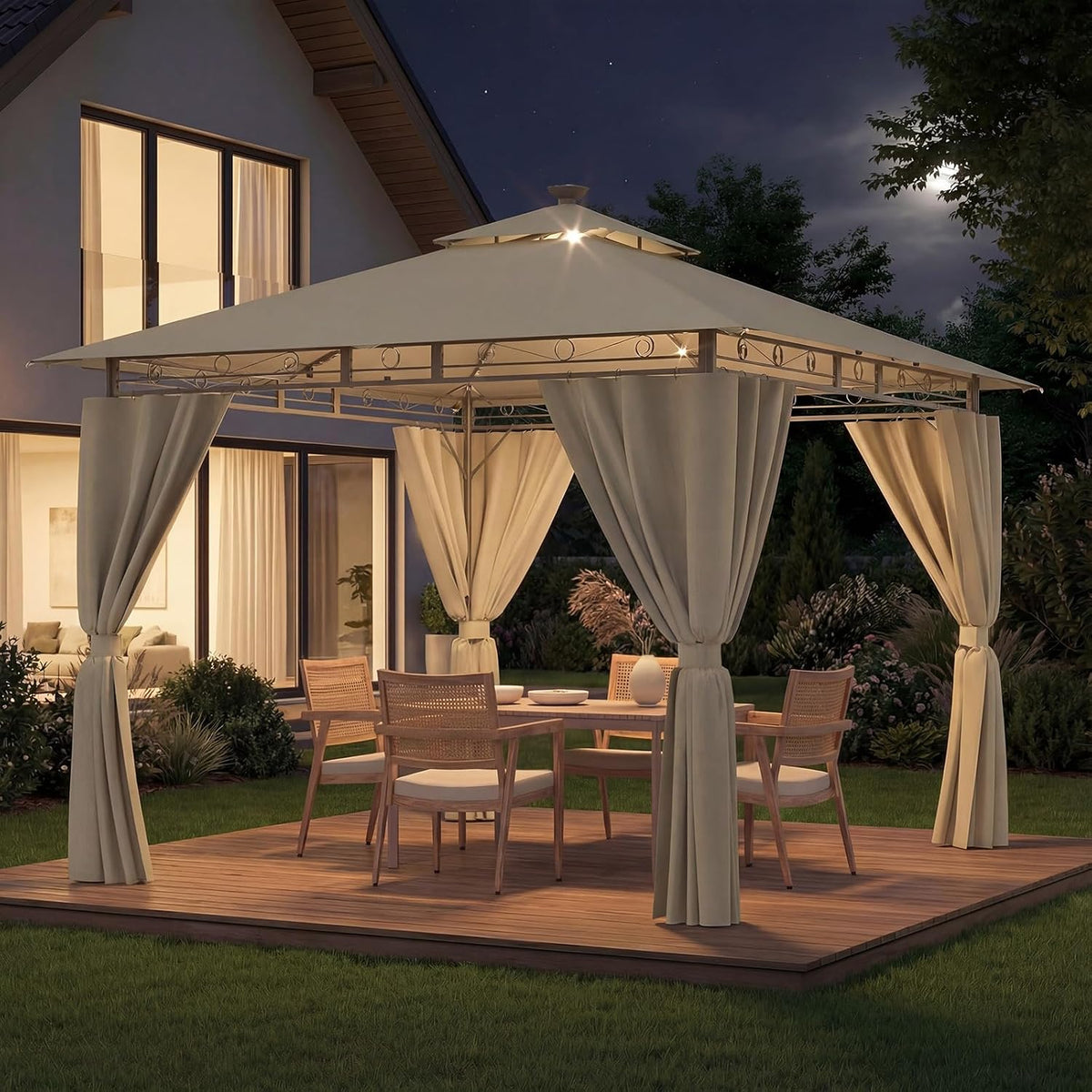 Tonnelle, 37 mm, télécommande, Pergola Jardins Exterieur pour 4-6 Personnes, Devoko, 5 niveaux, 3 × 3m, 285cm, éclairage LED, Beige