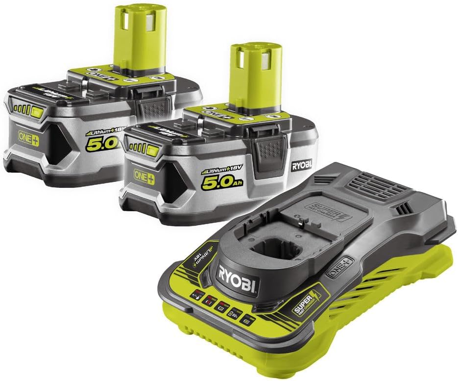 RYOBI Pack batterie, éclairage LED, 5, 0 Ah, Kit 18V One+ 2 Batteries 5, 0 Ah et Chargeur Rapide RC18150-250G, 50Ah, 5.0Ah