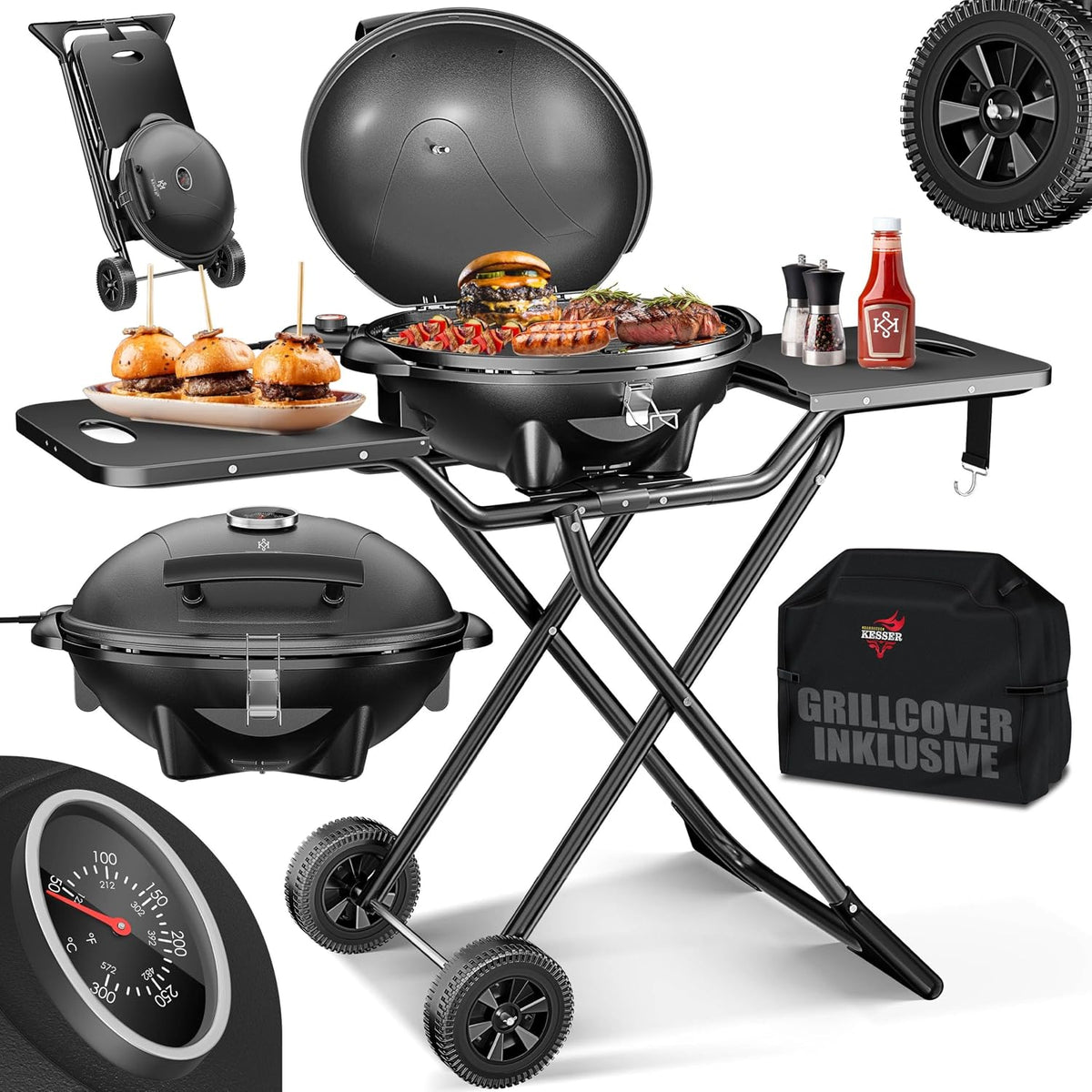 Grill électrique, 2400 W, Barbecue électrique 2 en 1 avec couvercle et pied, barbecue de balcon pour l'intérieur et l'extérieur, KESSER