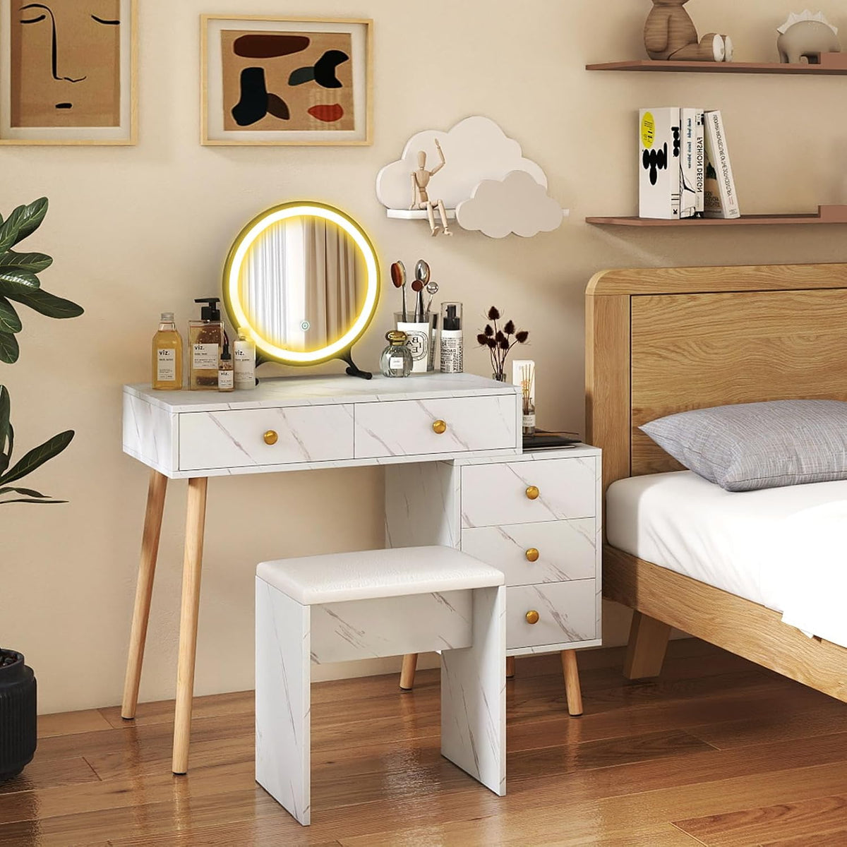 Coiffeuse, 100 × 45 × 116, 5 cm, réglable, COSTWAY, 3 Modes, 3 Modes d'Éclairage, 5 Tiroirs, 3 tiroirs, 2 tiroirs, éclairage LED