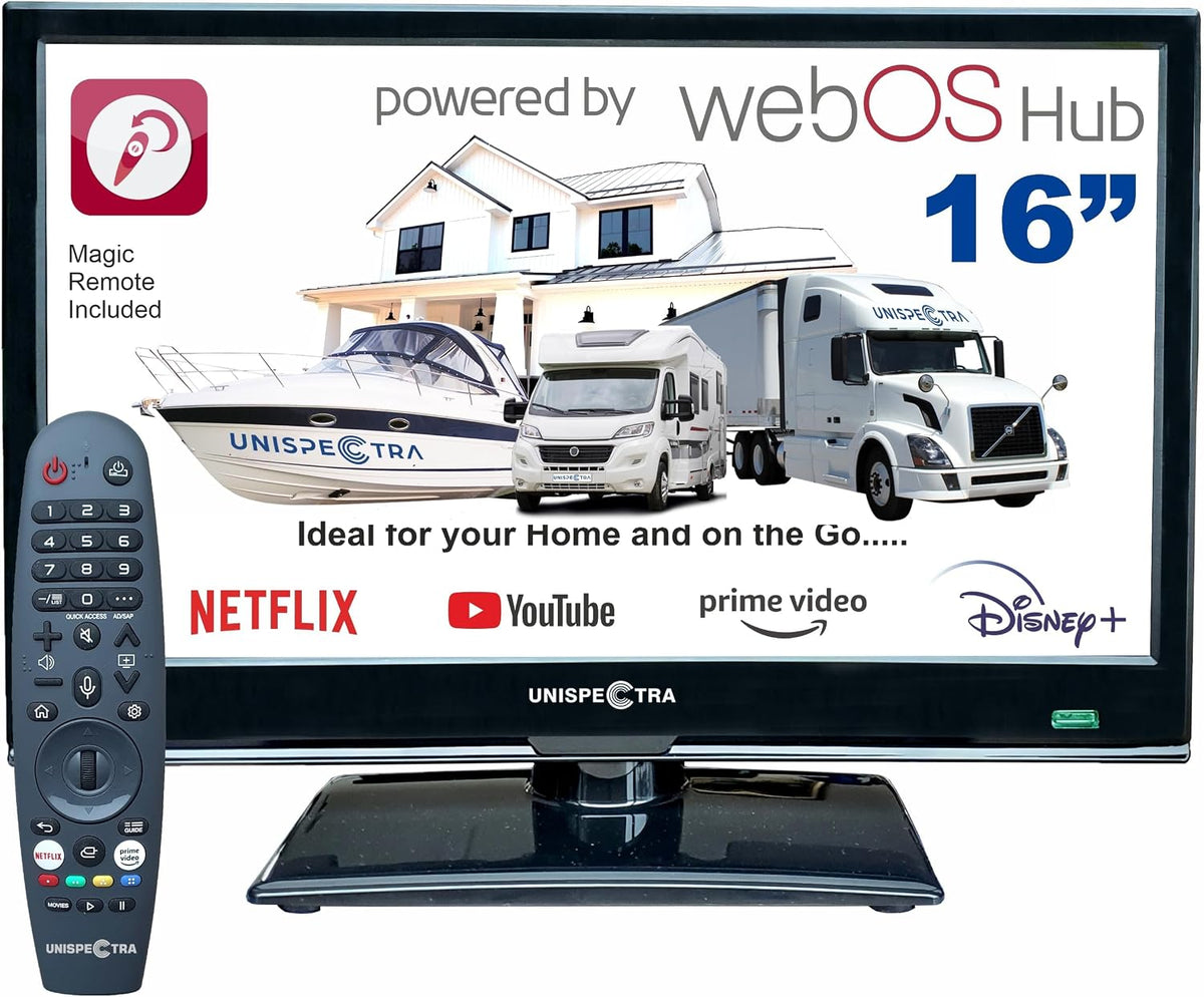 Unispectra Téléviseur, 75 × 75 mm, télécommande, 16 pouces, 230 V, 12v, 230v, 24v, Wi-Fi, Bluetooth, USB, webOS, Full HD, portable