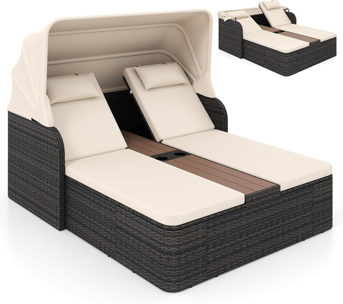 COSTWAY Bain de soleil, Chaise Longue à 2 Places en Rotin avec Auvent Rétractable, 5 niveaux, 2 porte, réglable, Beige