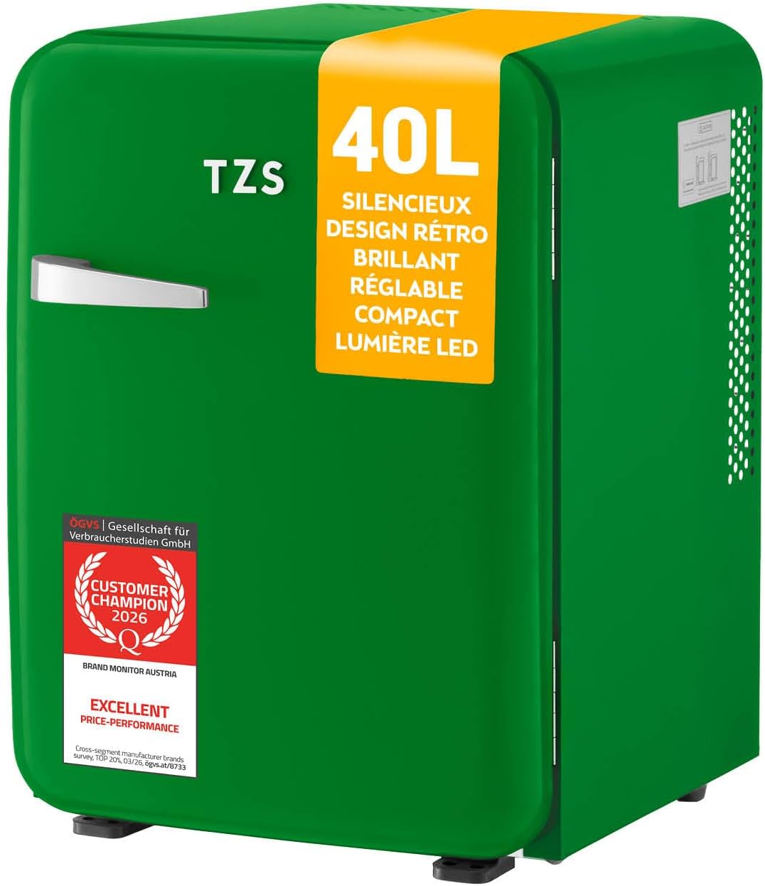 TZS First Austria Mini réfrigérateur, 22 dB, éclairage LED, Sans Compresseur pour Chambre & Bureau, 40L, 22dB, 34L, 6°C, 23°C, 62W