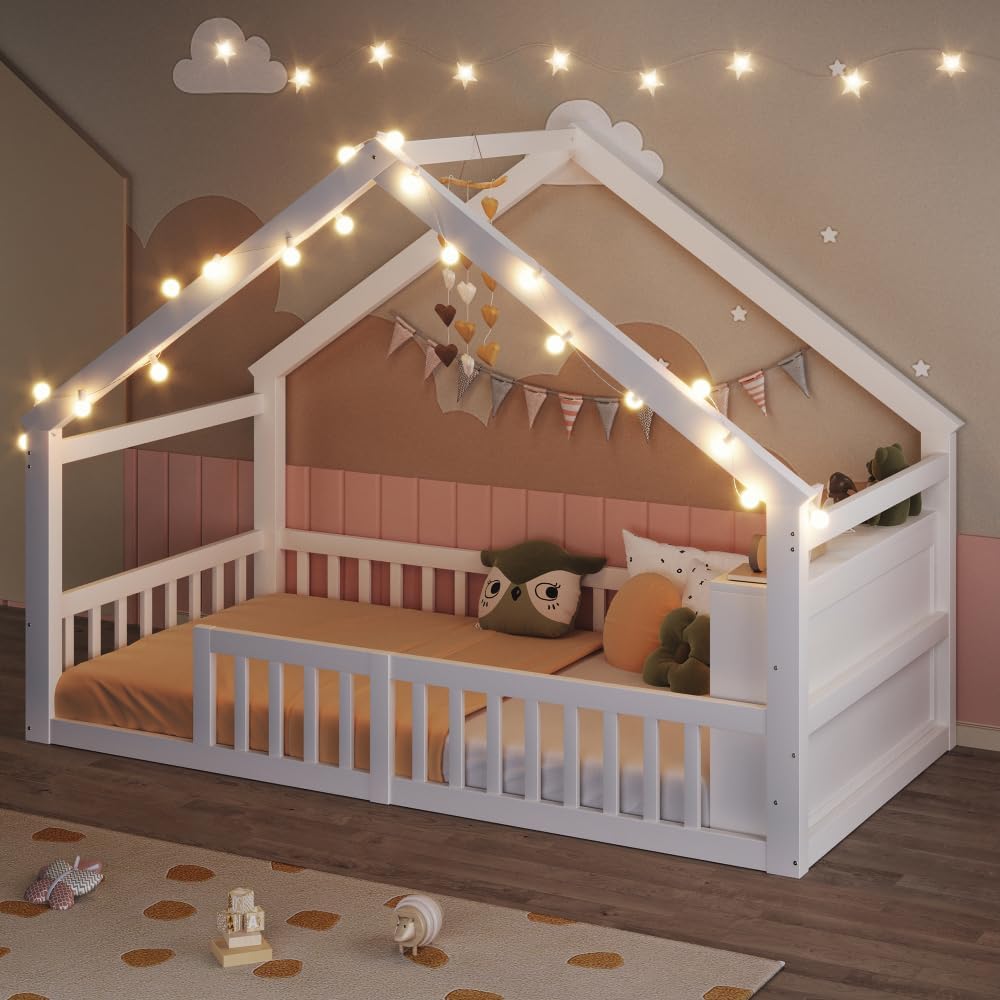 Lit Sapgaks 90x190, 90 × 190 cm, avec barrière de sécurité en pin, sans Matelas, Blanc, Style Minimaliste