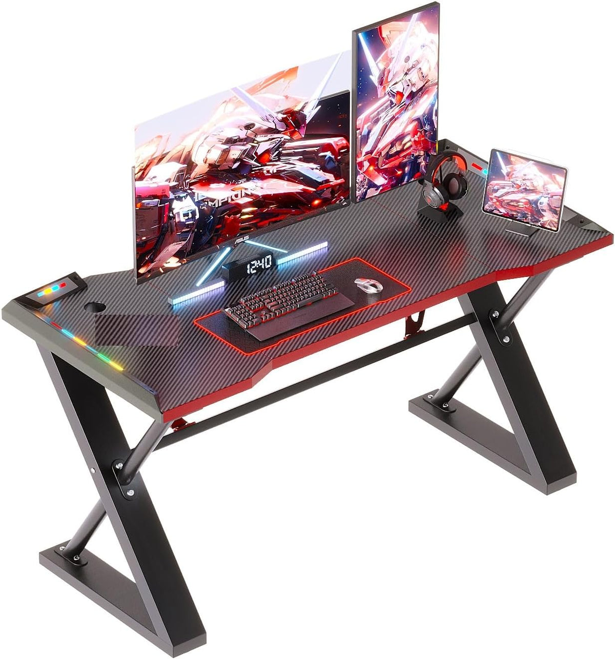 Xyphren Bureau, 100 × 55cm, éclairage LED, Noir, Revêtement en Fibre de Carbone