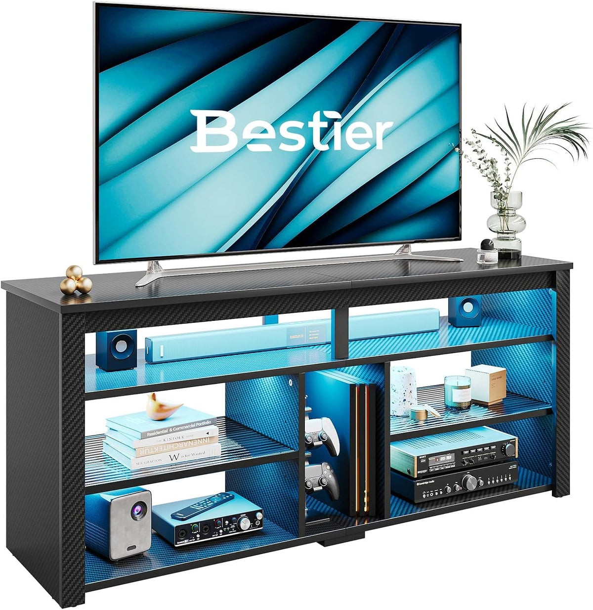 Meuble TV, Support TV avec Rangement pour PS5, 65 Pouces, télécommande, Bestier, 22 modes, éclairage LED, réglable, Fibre de Carbone Noire