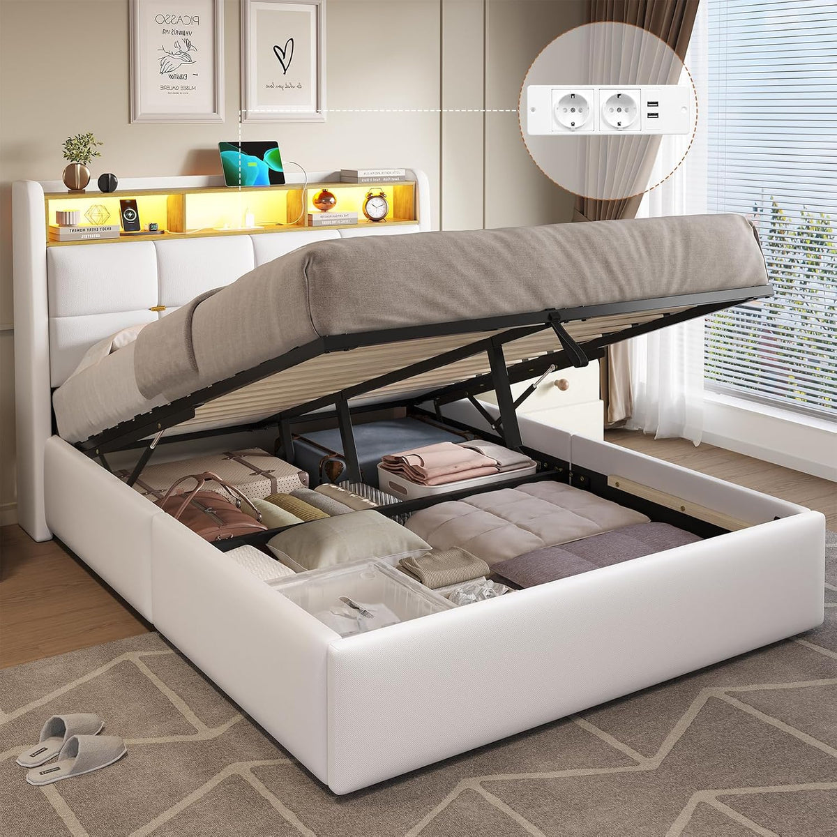 Lit DICTAC 140x190 140x190, 140 × 190 cm, télécommande, 30 cm, 2 étagères, éclairage LED, réglable, Blanc-sans Matelas, minuterie