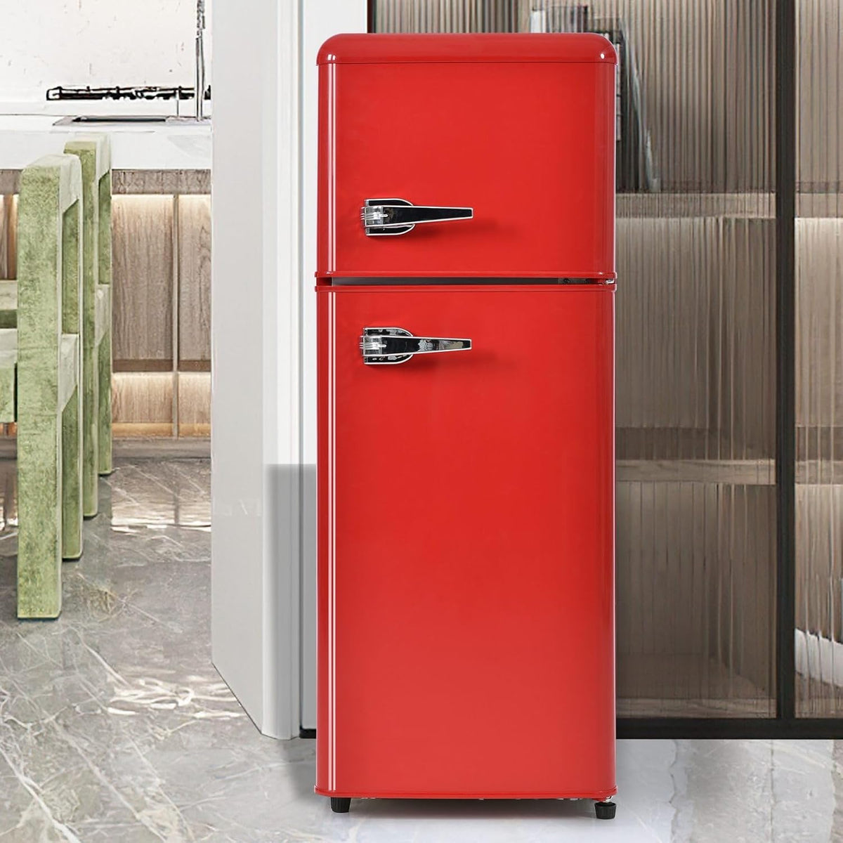 Sweiko Réfrigérateur, 110 × 46 × 48 cm, volume total de 92 litres avec 28 litres de capacité de congélation, 45 dB, 105, 5 × 41 × 45, 5cm, Rouge