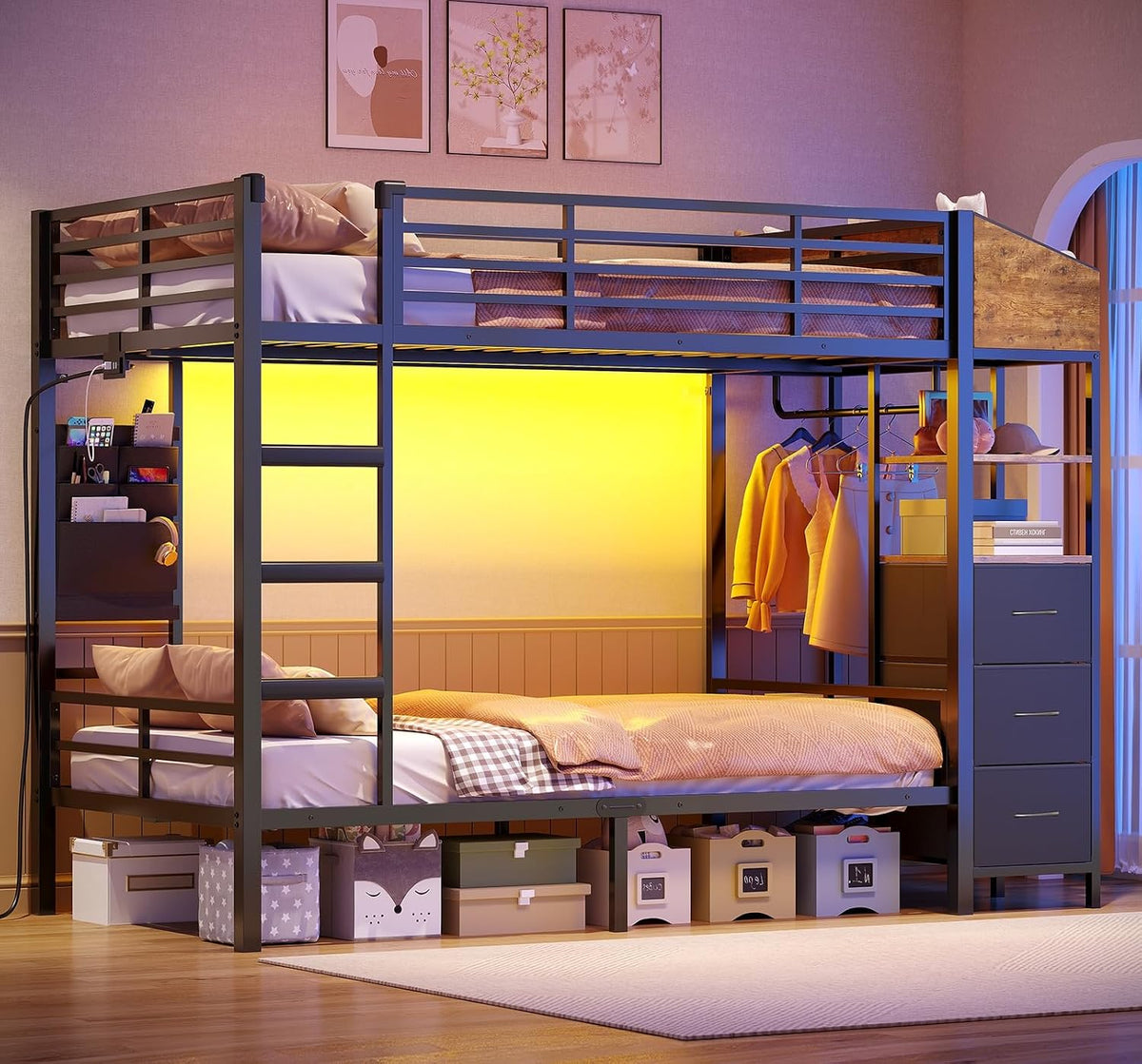 Lit, 3 Tiroirs XL et 2 Niche en Tissu, 32 cm, éclairage LED, AOGLLATI, 26 cm, 4 Étagères, 32 étagères, 42 étagères, Noir, Tringle, Sac