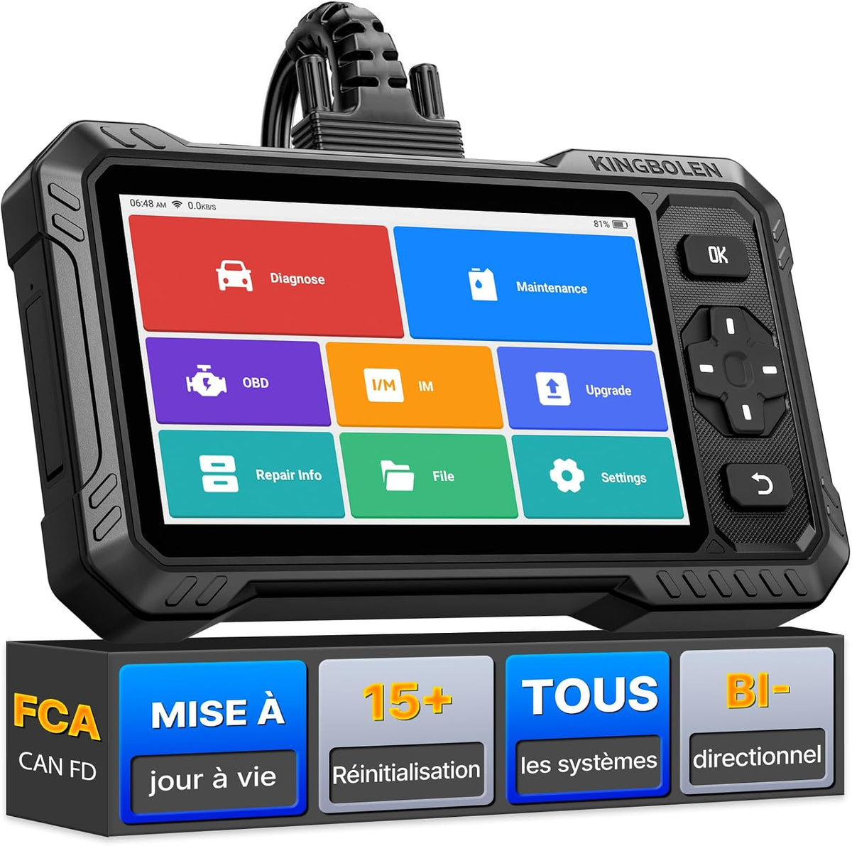 KINGBOLEN OBD2 Outil diagnostics pour système de moteur OBD-II, 6, 2 pouces, OBD2 Diagnostic Français pour système Complet avec 15+ Réinitialisations