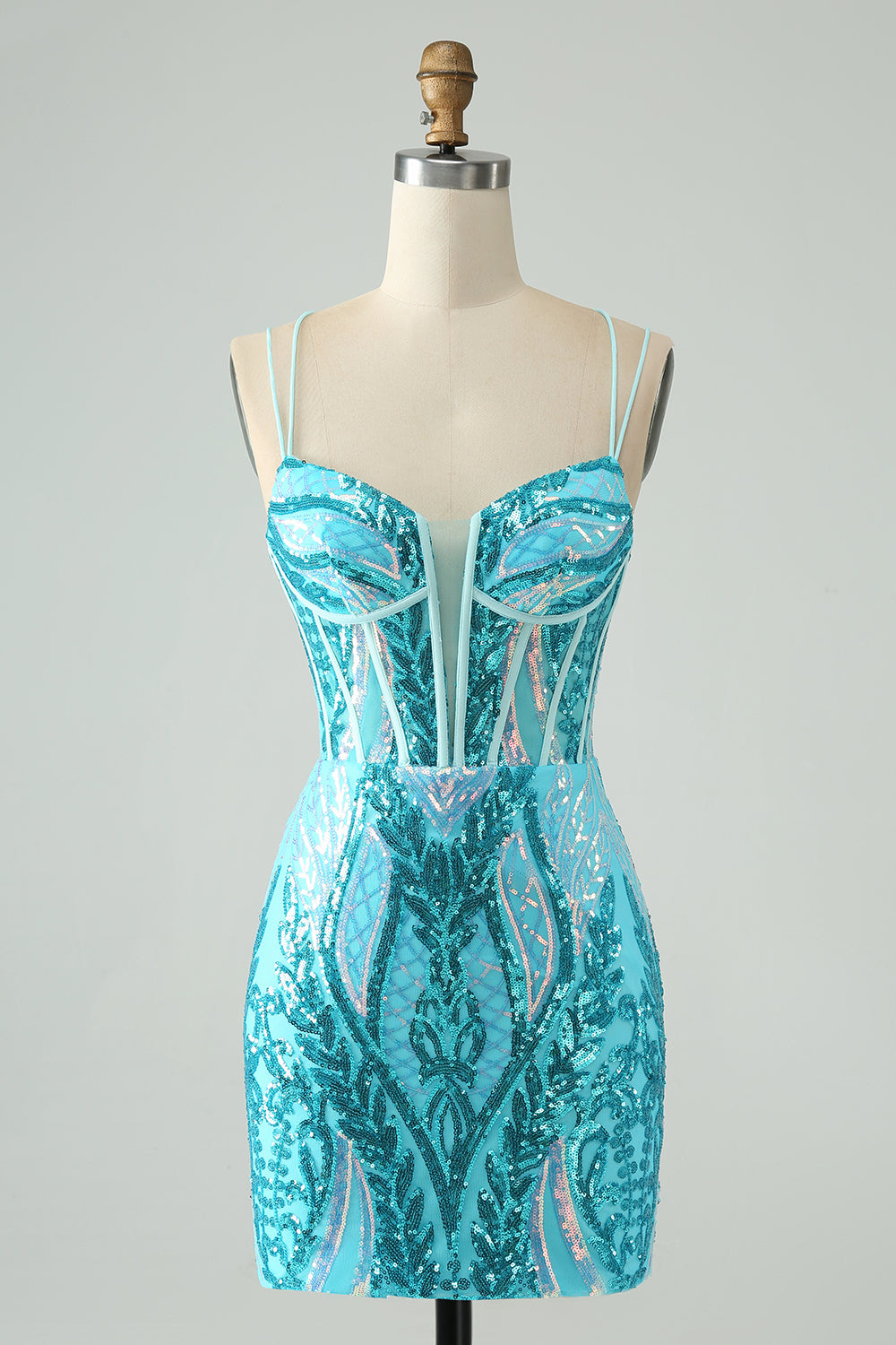 Robe de bal de rentrée moulante bleue scintillante à fines bretelles, corset et paillettes