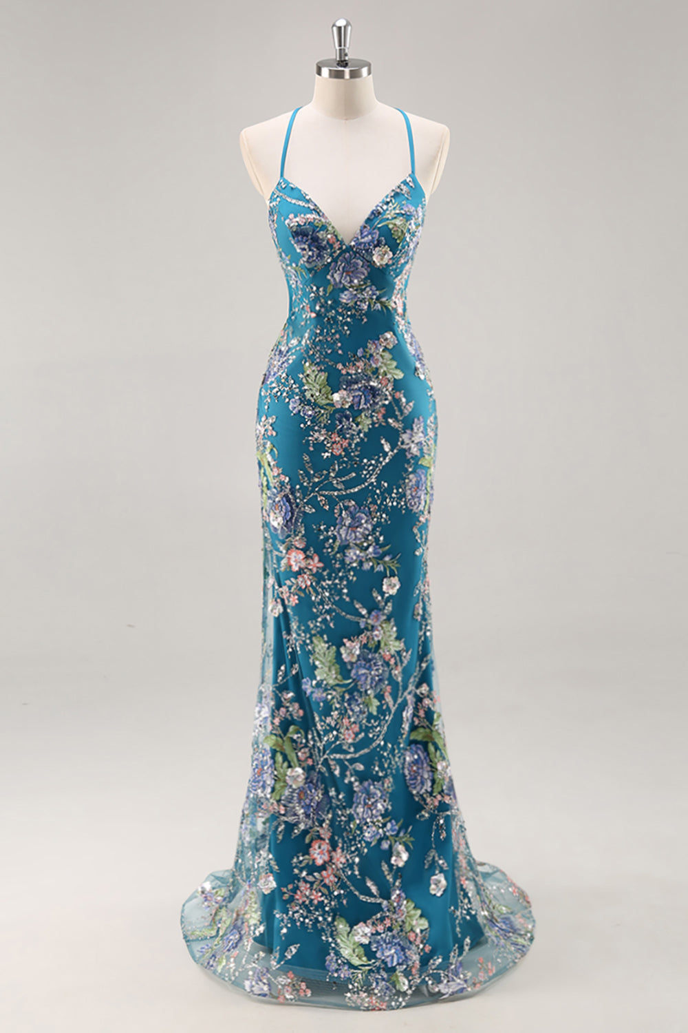 Robe de bal longue sirène bleu paon à fines bretelles, paillettes et appliqués