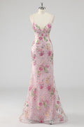 Robe de bal longue sirène rose à fines bretelles, paillettes et appliqués
