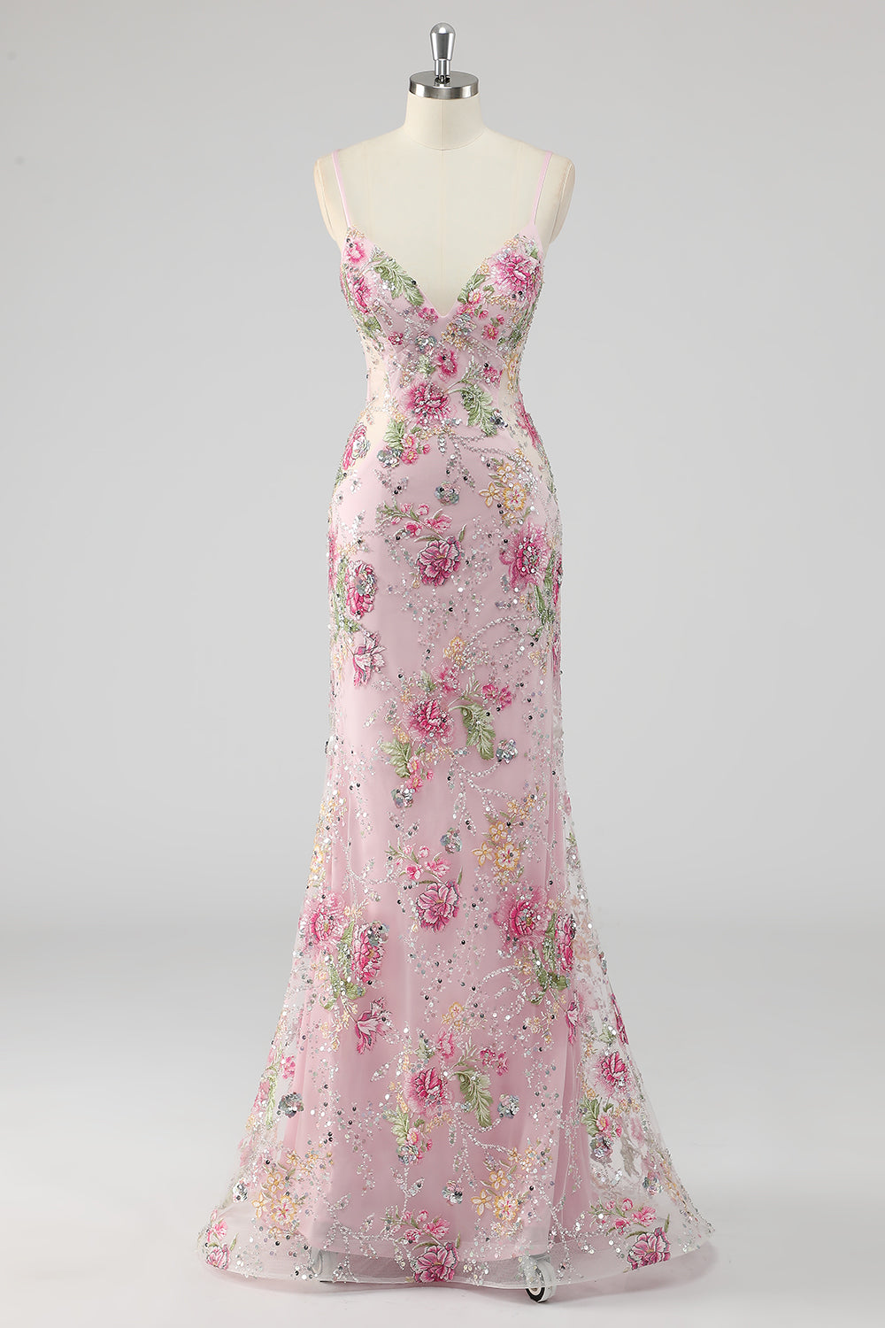 Robe de bal longue sirène rose à fines bretelles, paillettes et appliqués