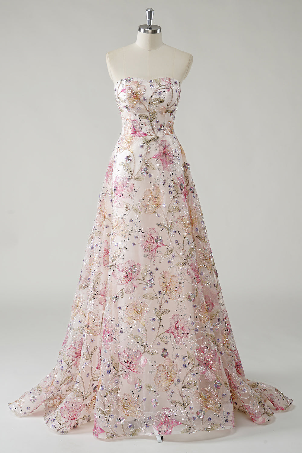 Robe de bal longue trapèze rose scintillante, bustier, paillettes et motifs floraux