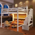Cadre de lit, 140 × 200.0cm, éclairage LED, HaoChrymec, 140 × 200cm, Lit Mezzanine en Pin avec LED, Blanc, Escalier de Rangement