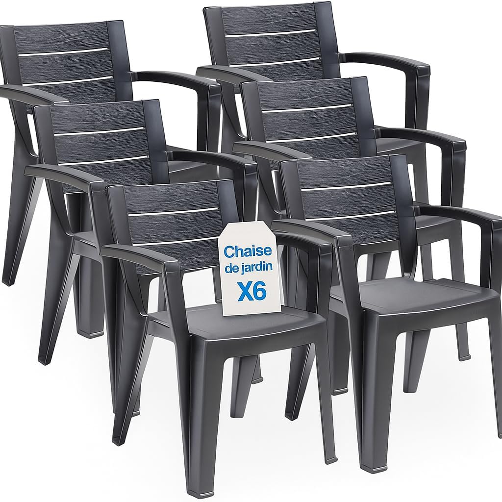 Chaise de jardin, empilables avec accoudoirs et dossier à lattes, 60 × 58 × 79 cm, Lot de 6 chaises de jardin en plastique maya, Tomaino, Noir