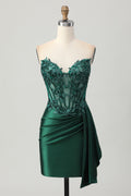 Robe moulante vert foncé scintillante pour bal de rentrée, bustier corset à paillettes avec pan drapé