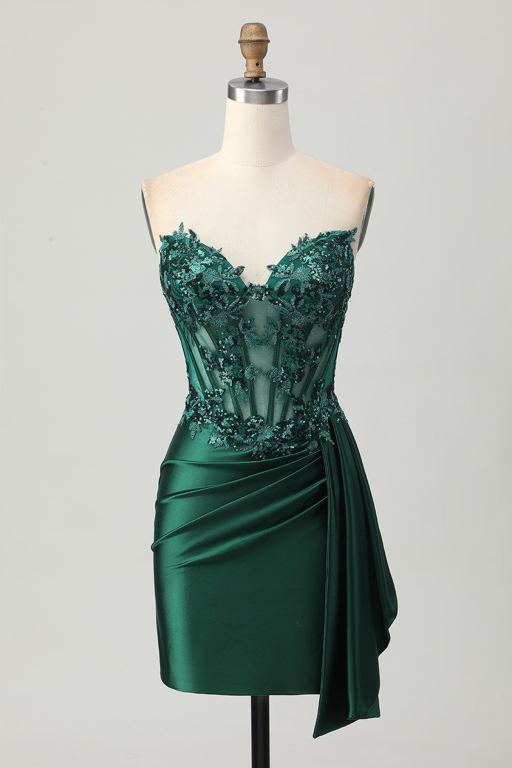 Robe moulante vert foncé scintillante pour bal de rentrée, bustier corset à paillettes avec pan drapé