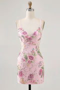 Robe courte moulante rose fleurie pour bal de rentrée avec paillettes