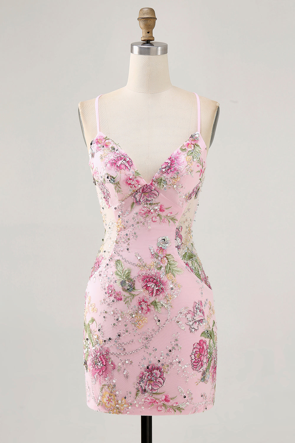 Robe courte moulante rose fleurie pour bal de rentrée avec paillettes