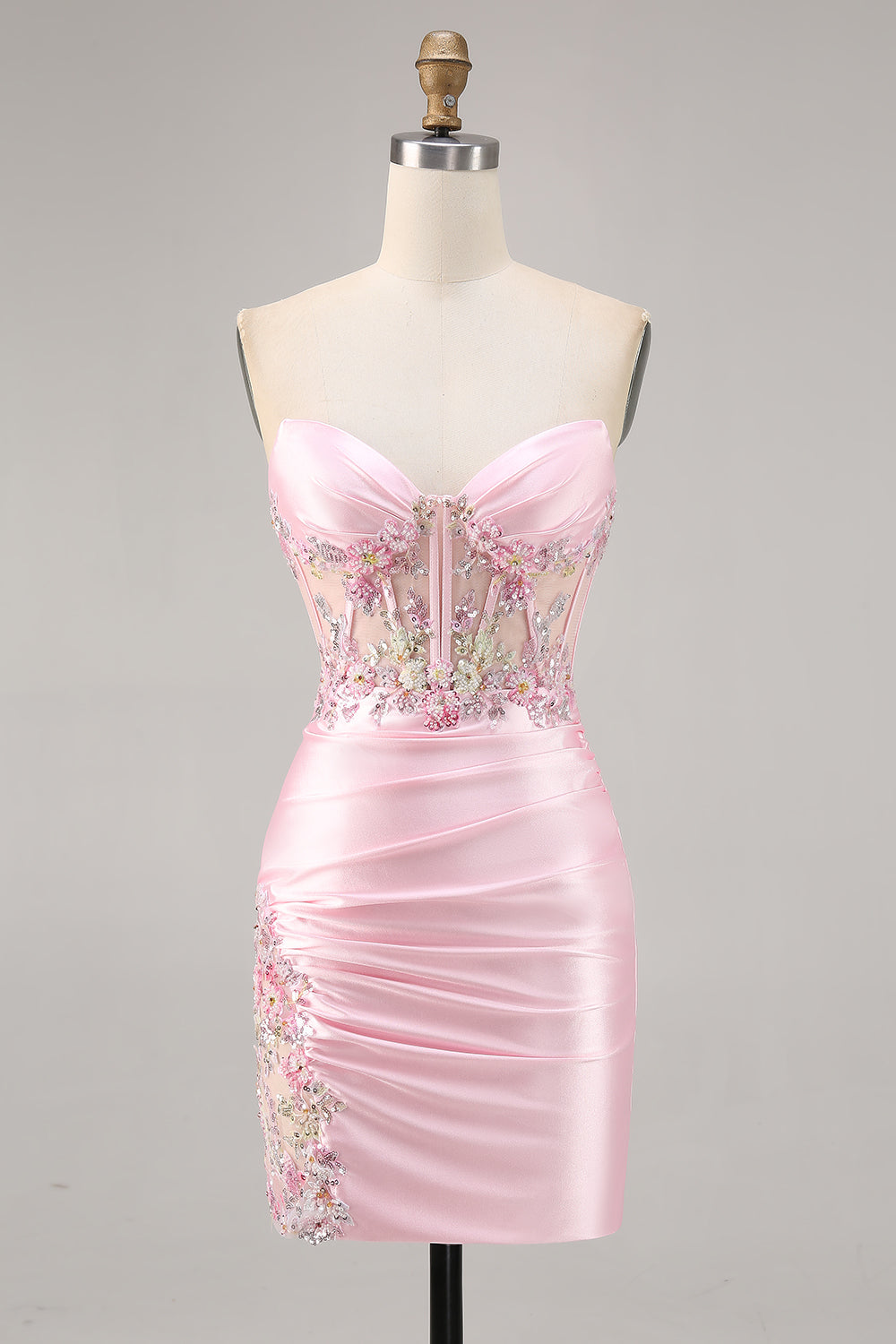Robe courte moulante rose bonbon pour bal de rentrée, bustier corset en satin avec appliqués