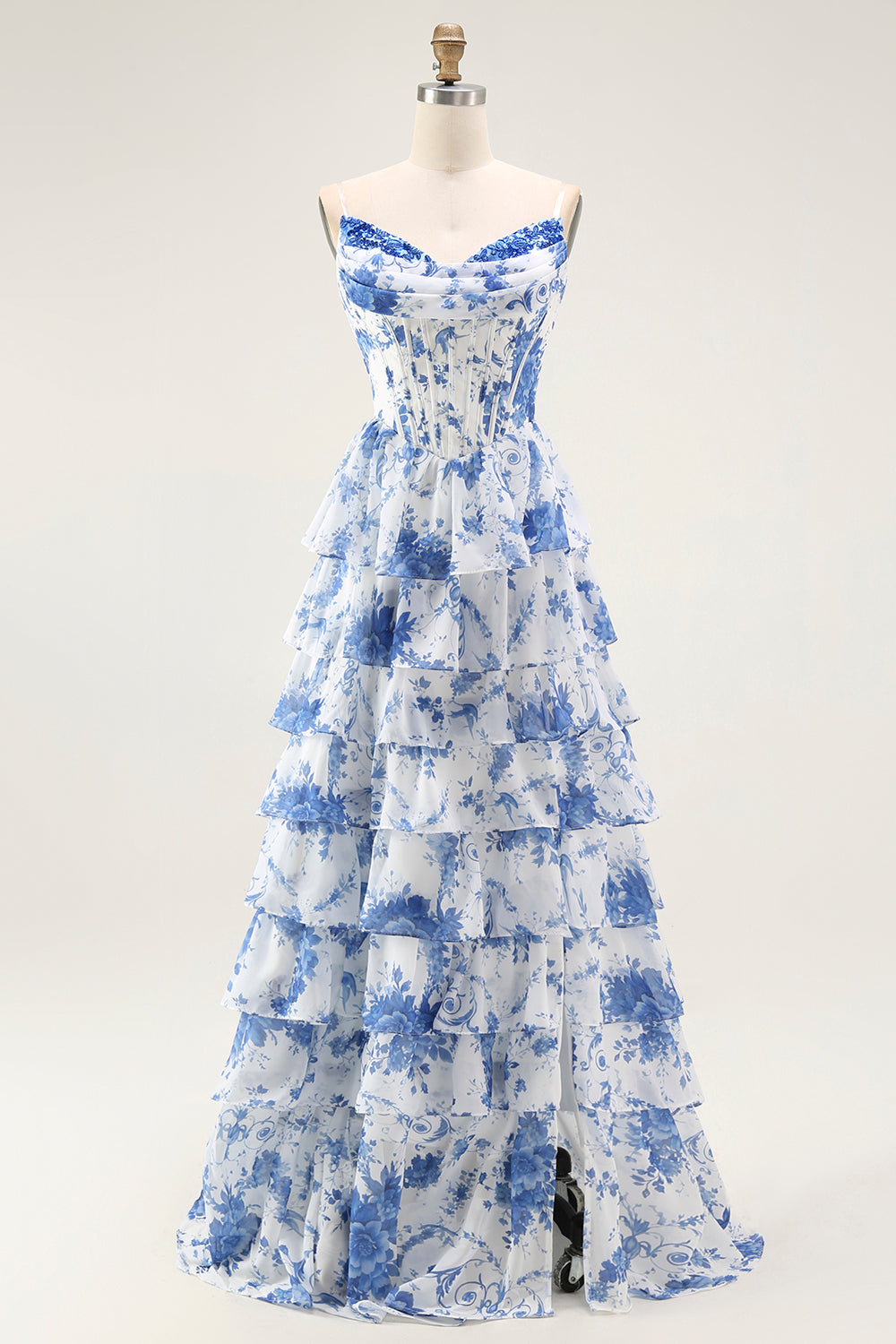 Robe de bal longue trapèze à fleurs bleues et blanches, corset, volants superposés et fente