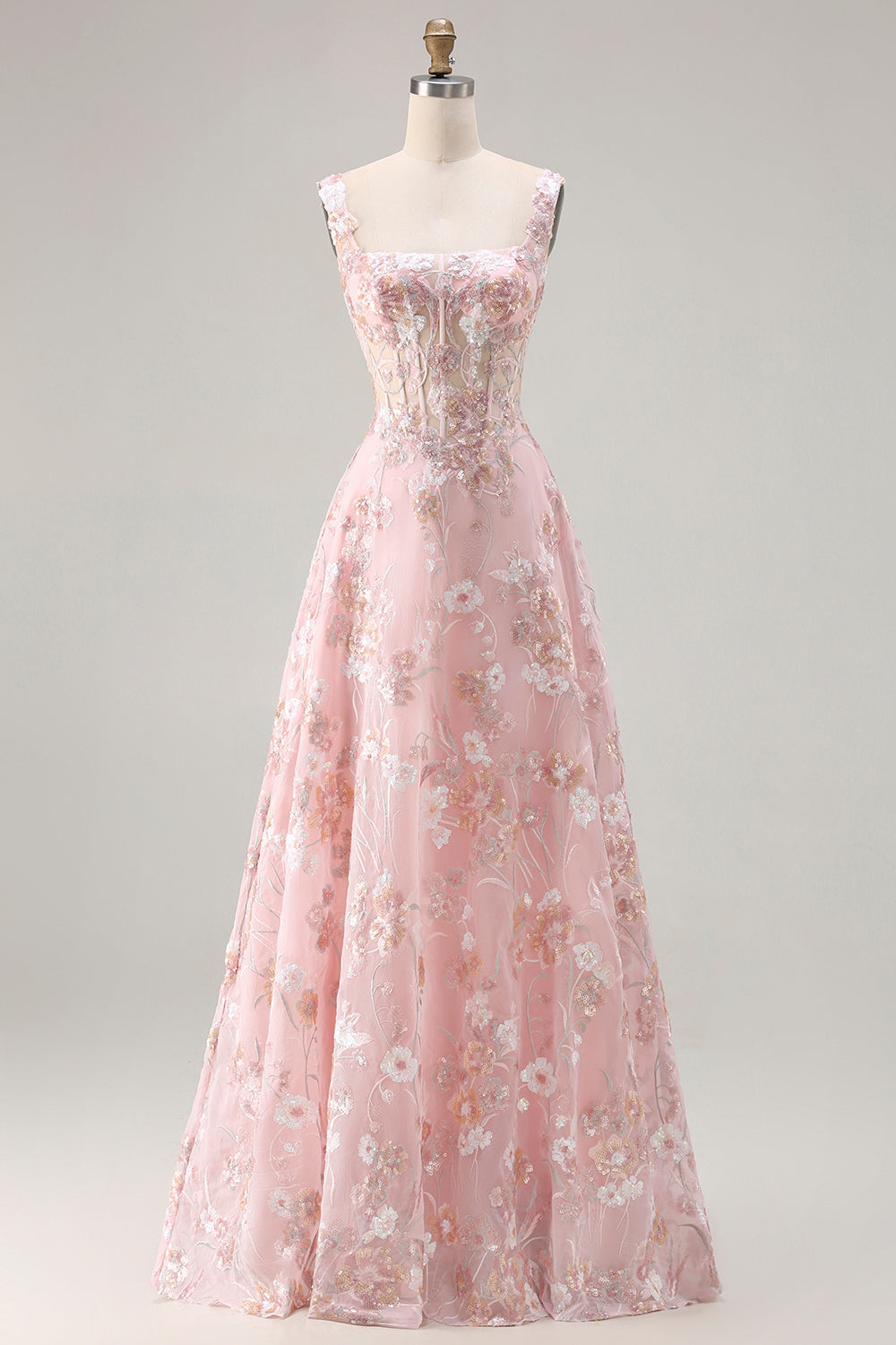 Robe de bal longue trapèze rose à corset, paillettes, fleurs et broderies