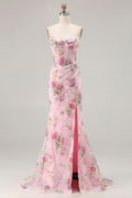 Robe de bal longue sirène rose scintillante, bustier corset, appliqués, paillettes et fente