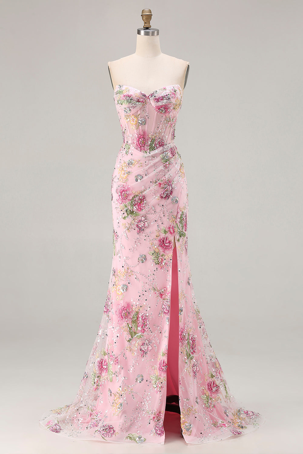 Robe de bal longue sirène rose scintillante, bustier corset, appliqués, paillettes et fente