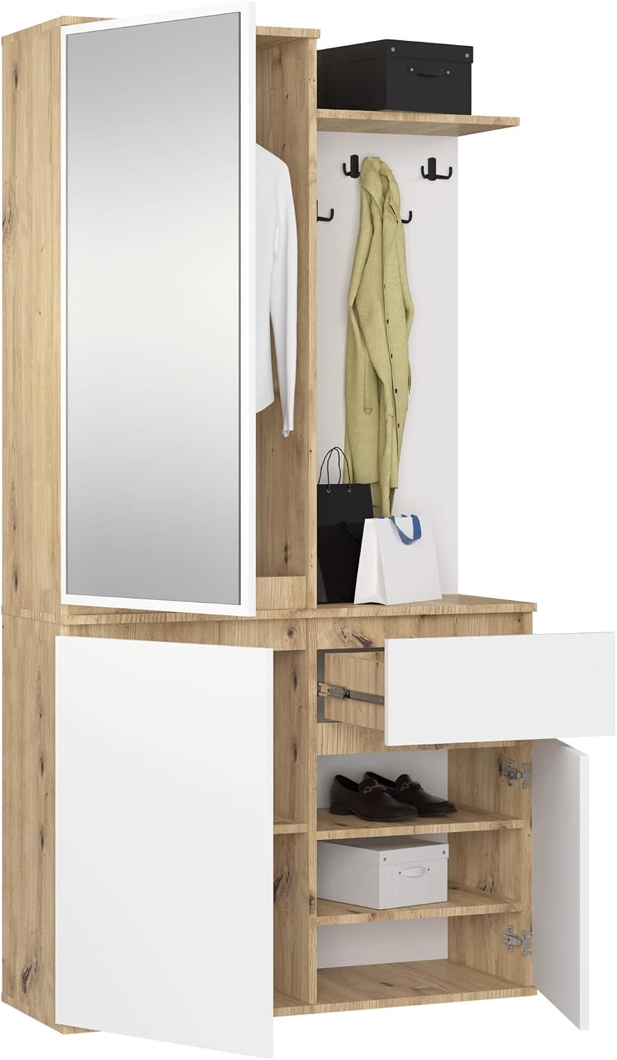 meuble pour entrée, Ensemble de Vestiaire d'Entrée avec Miroir, 95 cm, Optimum pour Petits Espaces, AKORD, 3 Portes, 1 Tiroir, 7 Étagères