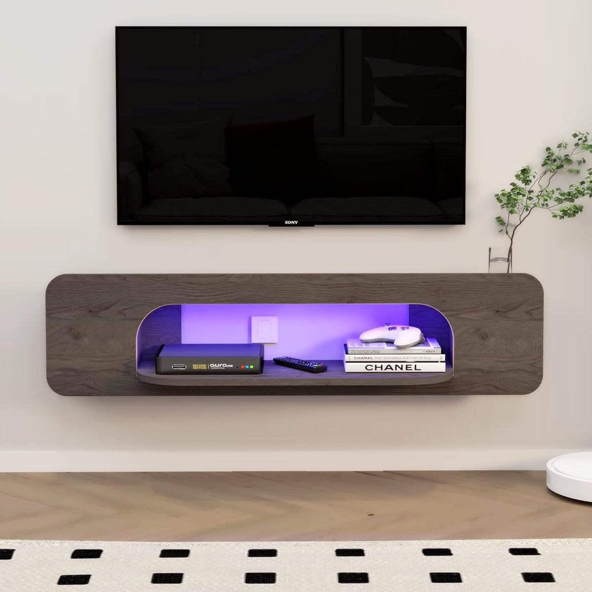 Meuble TV, 22 modes, Etagère Murale Flottante avec 1 Étagère Ouverte, Bois, Pmnianhua, 121cm, 8cm, éclairage LED, LED TV Suspendu