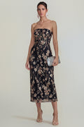 Robe midi fourreau bustier scintillante avec appliqués floraux