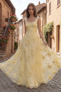 Robe longue en tulle jaune citron à fleurs 3D avec bordure de perles cousues main