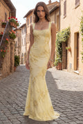 Robe midi sirène jaune citron à col carré, broderies florales 3D et perles