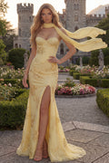 Robe longue sirène jaune bustier à corset avec foulard de cou