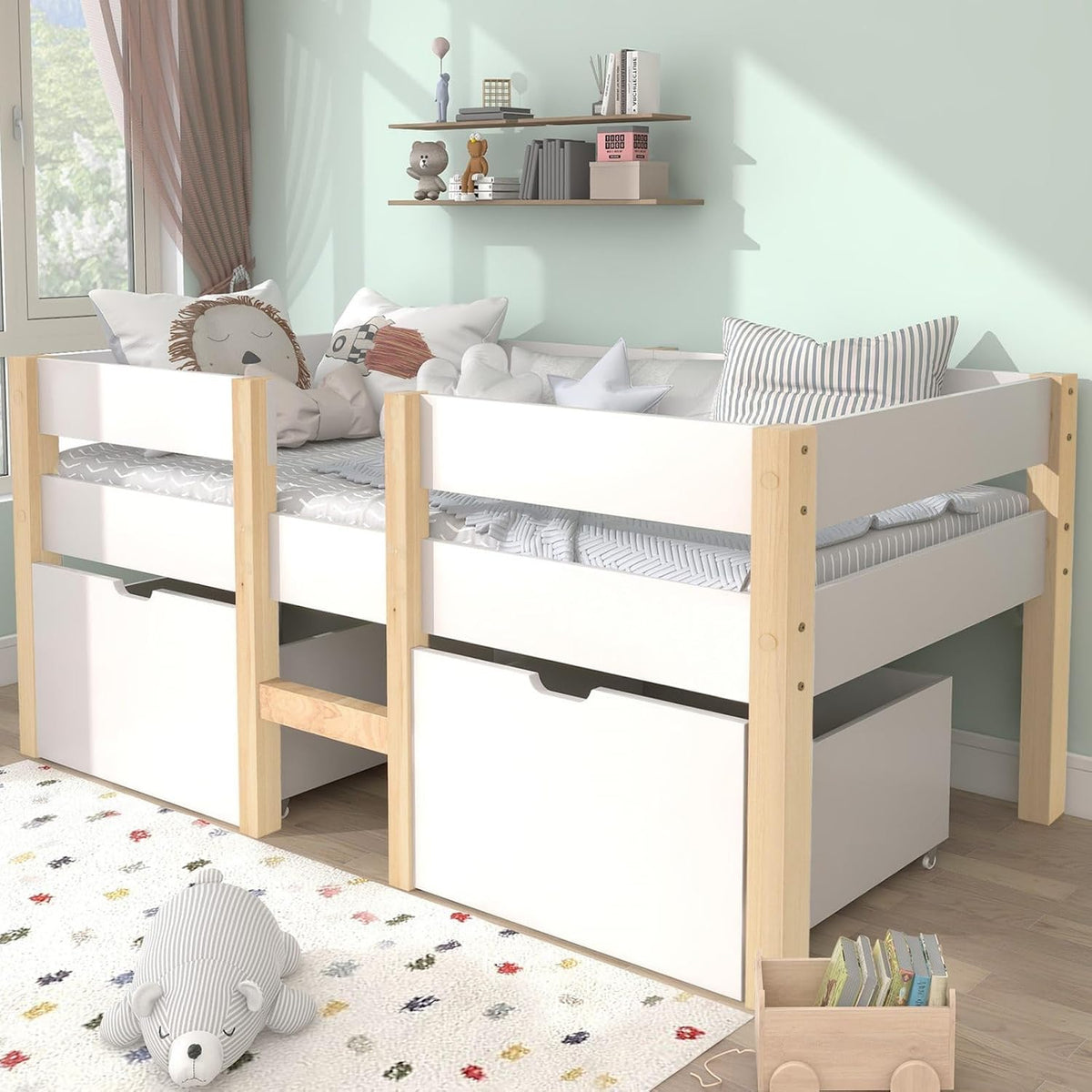 Lit KOMHTOM 90x200CM, 90 × 200CM, sans Matelas, 2 tiroirs, 120KG
