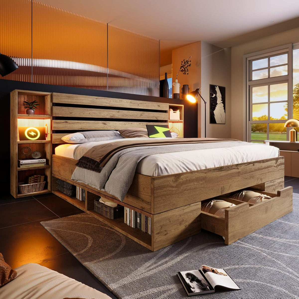 Cadre de lit Sapgaks, Lit 180×200 avec sommier à Lattes avec LED et Port USB, Lit Double en Bois Massif, télécommande, éclairage LED