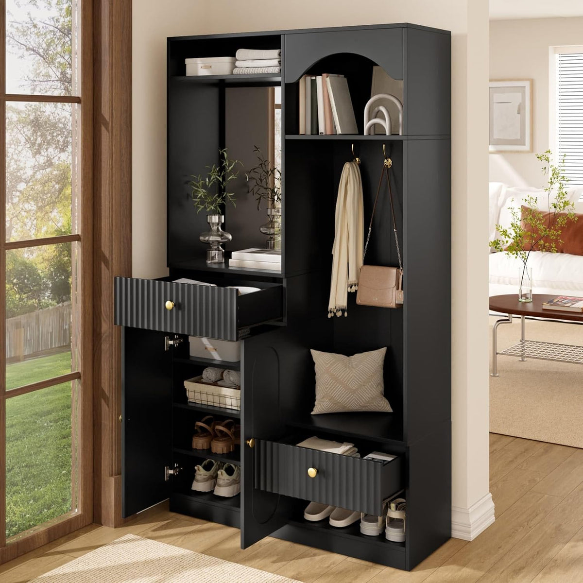 meuble pour entrée PUGSDRLY 35x100x180cm, 35 × 100 × 180cm, réglable, 2 Tiroirs, 3 Crochets, Armoire de Rangement avec Miroir, Banc
