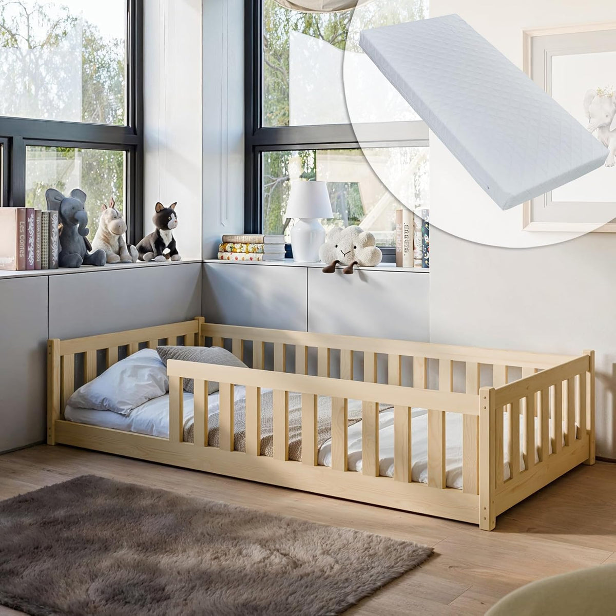 Lit Kids Collective 90x190, 90 × 190 cm, Set Complet en Pin Naturel Pour Garçon et Fille, 90 × 200 cm, 206 cm, 96 cm, 45 cm