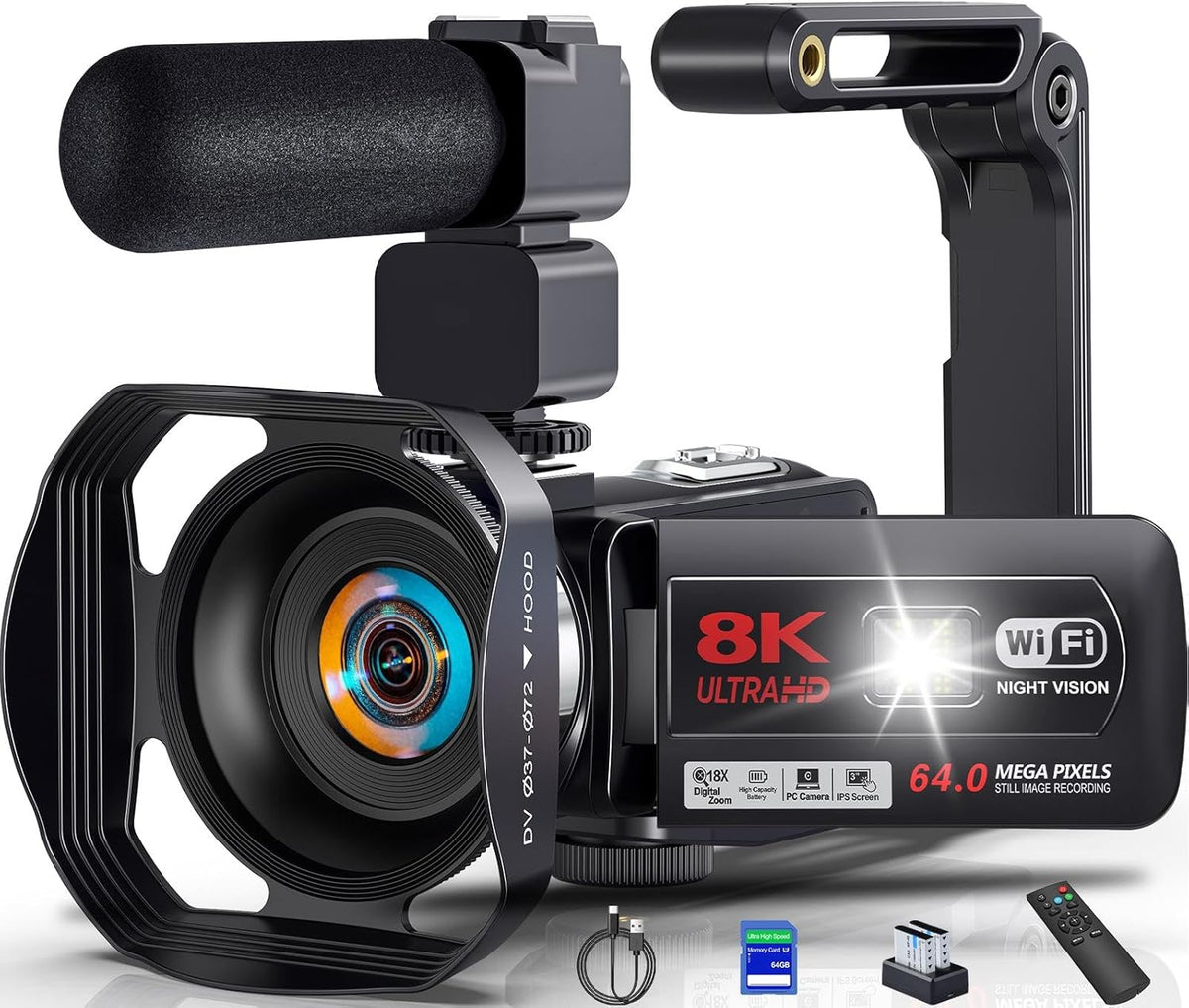 PITIKI Caméscope, 3, 0 pouces, télécommande, 64MP, Wi-Fi, éclairage LED, commande tactile