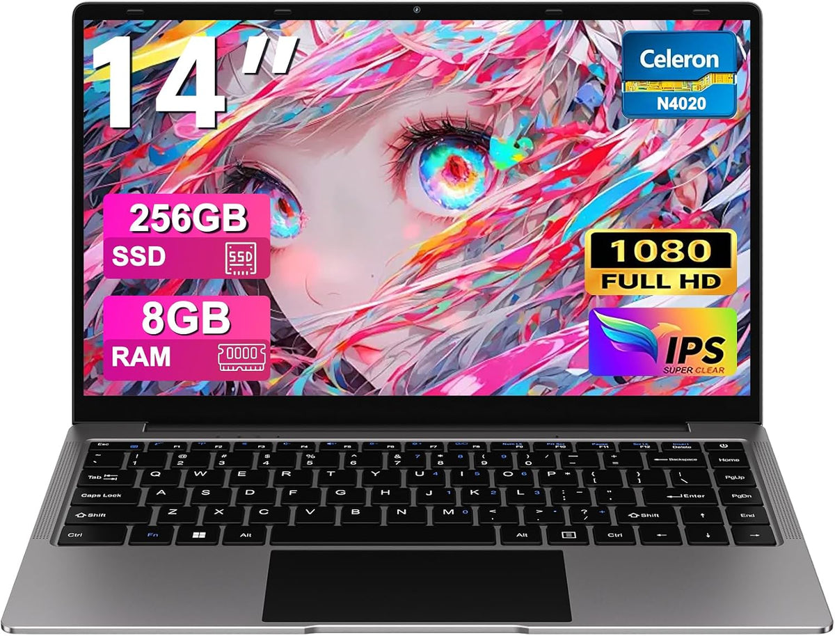 bvate Ordinateur portable, 14 Pouces, Wi-Fi, 256Go Win11, 5000 mAh, Bluetooth, Gris, Full HD