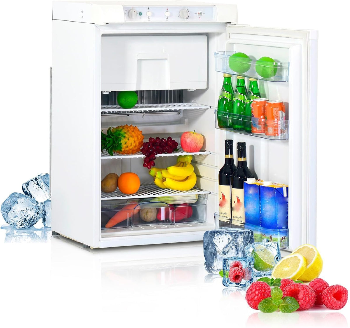 Techomey Congélateur, 52 × 58, 8 × 81, 8 cm, Frigo Trimixte 12V 220V Gaz Camping car, 100L, 52, 3 × 57, 0 × 82, 8cm, 0°C, 10°C, 18°C, 150W, 0, 65kg