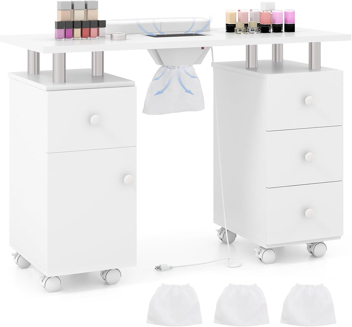 Table de manucure, Bureau de Manucure pour Prothésiste Ongulaire Salon de Beauté, Table Onglerie à Roulettes avec 4 Tiroirs, RELAX4LIFE