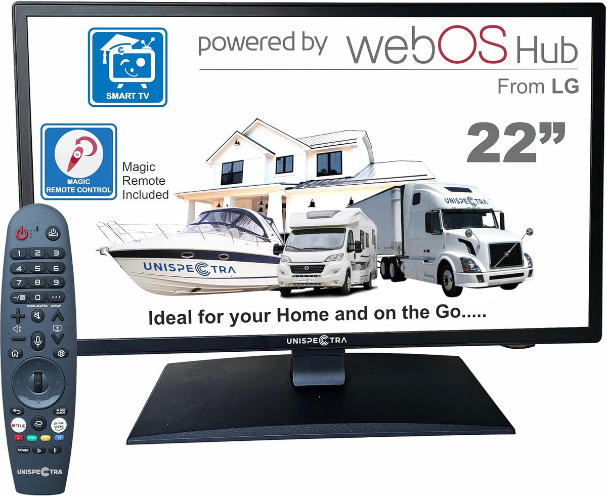 Unispectra Téléviseur, 12 V, télécommande, 240 V, 100 × 100 mm, 22 pouces, 230 V, 2 x USB, Wi-Fi, Bluetooth, WebOS, Full HD, portable, caravanes