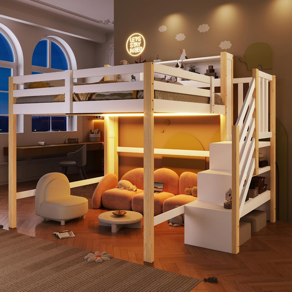 Cadre de lit, 140 × 200cm, éclairage LED, HaoChrymec, Lit Mezzanine en Pin avec LED, Blanc, Rangement et Escalier