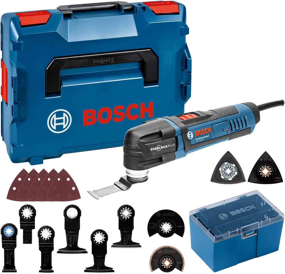 Ponceuse, 18V, Bosch Professional, 2 lames segments BIM Starlock, 1 plateau concrétion carbure, 5 feuilles abrasives